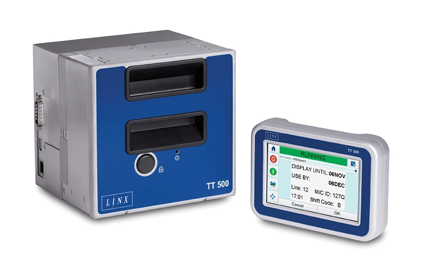 Linx TT500 — Компактный TTO для гибкой упаковки: ширина печати до 32 мм; ориентир скорости линии до 500 мм/с — по спецификации Linx.